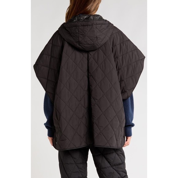 Zella Black Quilted Hooded Poncho Zip Front Diamond Stitch Cape with Pockets - Picture 3 of 15